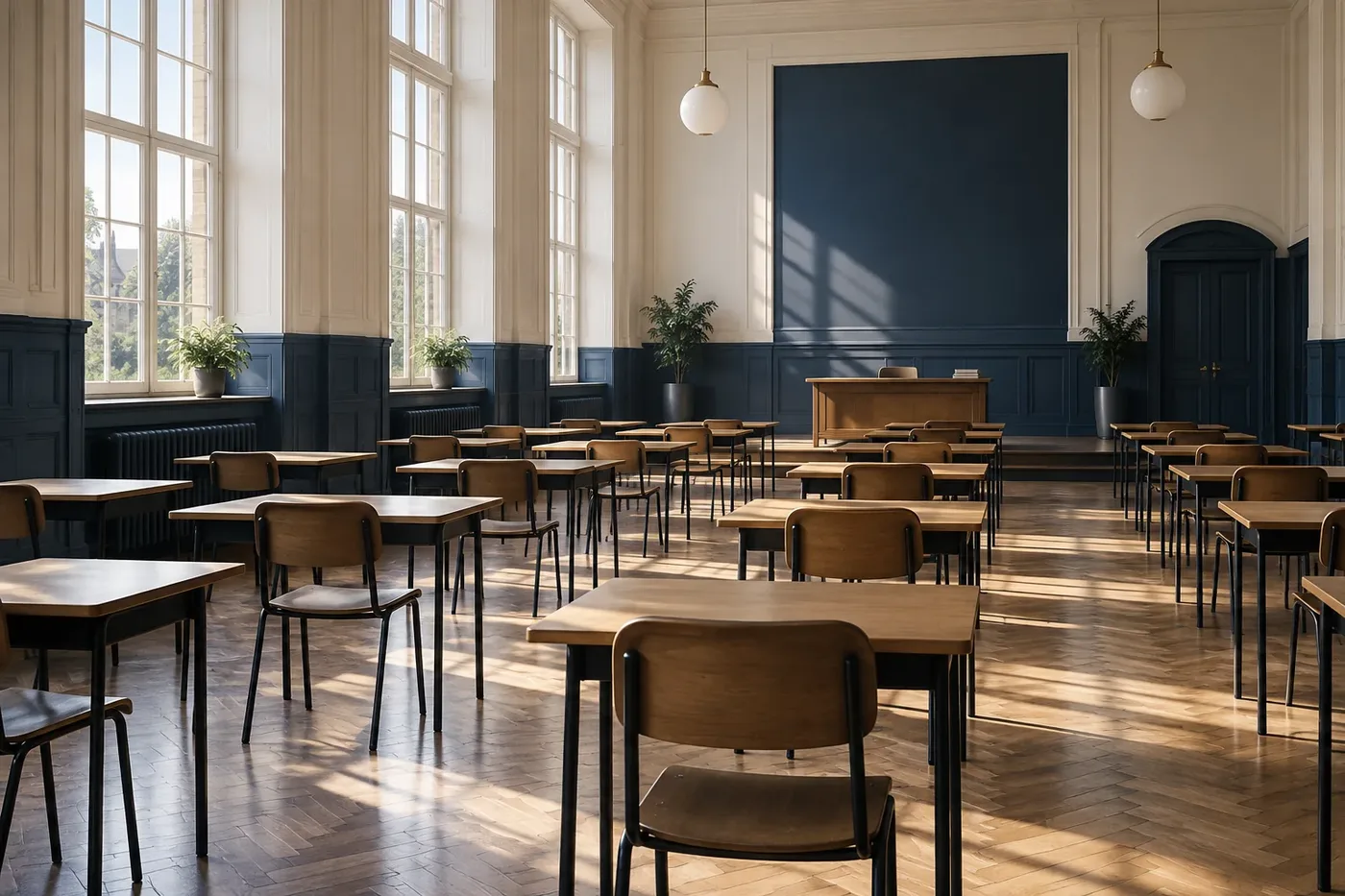 Decorative illustration of an empty exam hall with rows of desks