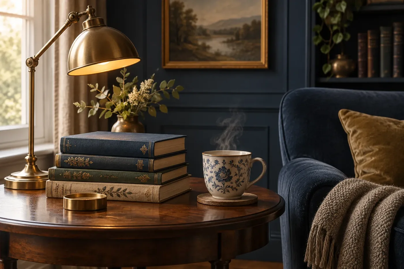 Decorative illustration of an open guidebook and a reading lamp