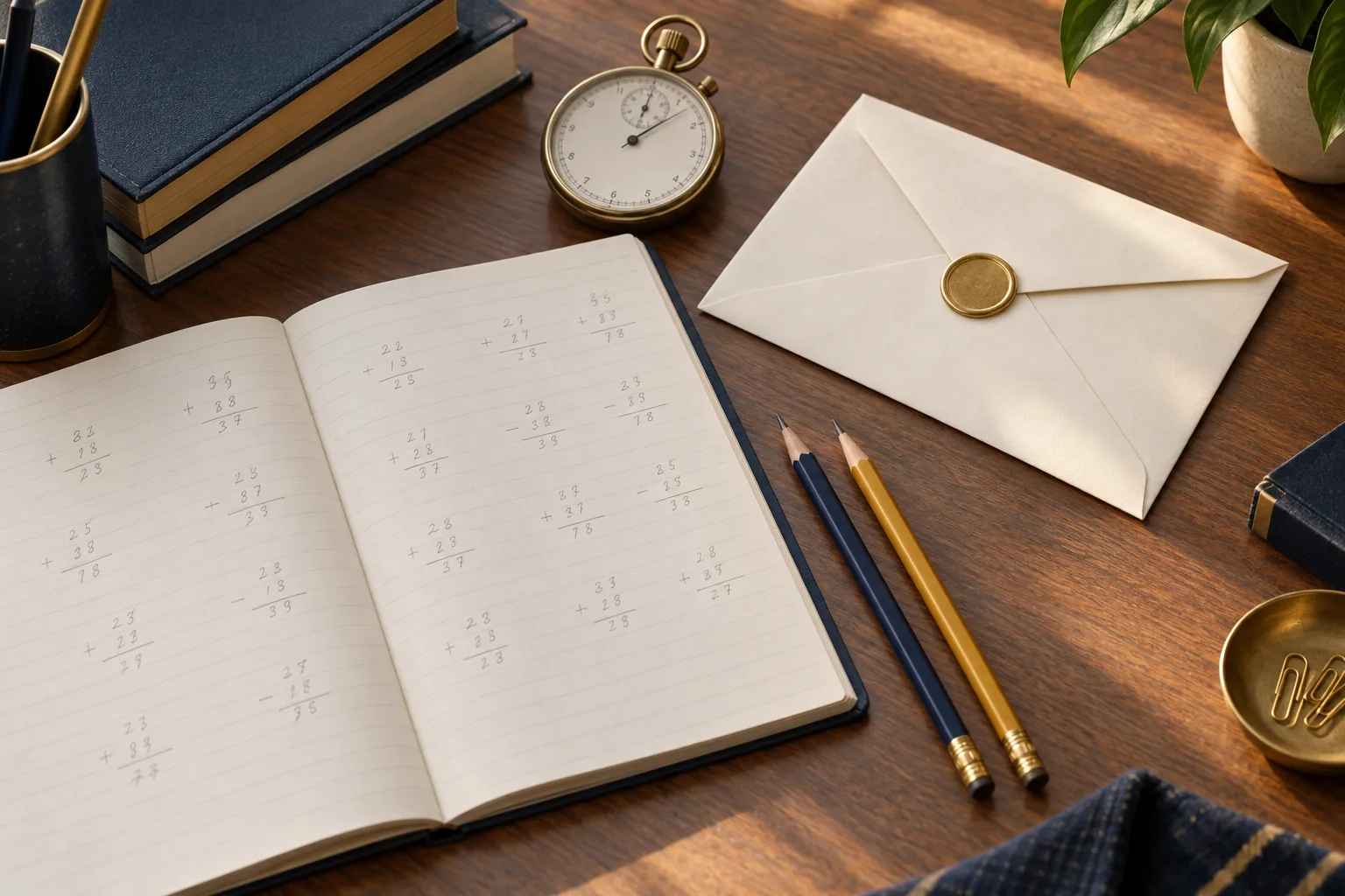 Illustration of an open exercise book, a sharpened pencil, a stopwatch and an admissions letter arranged on a desk