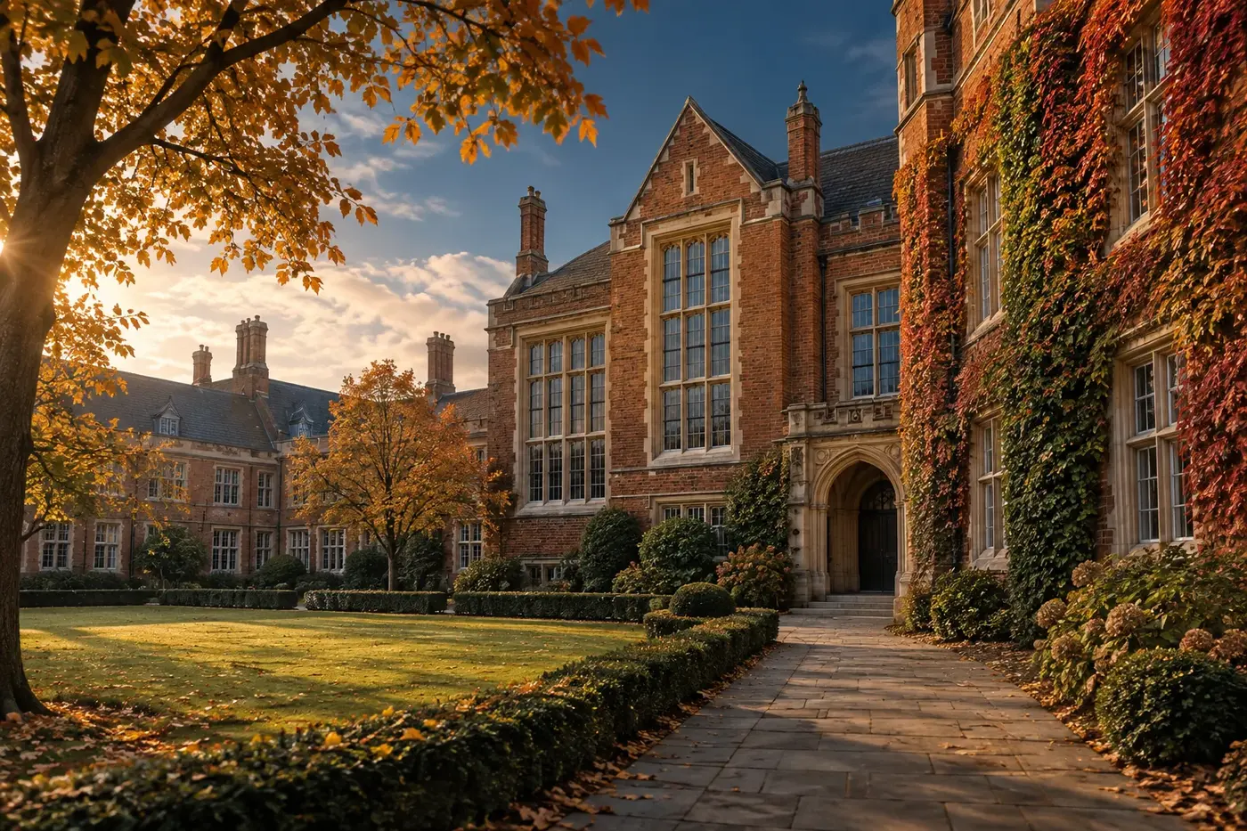 Decorative illustration of a row of UK grammar-style school buildings around a shared courtyard