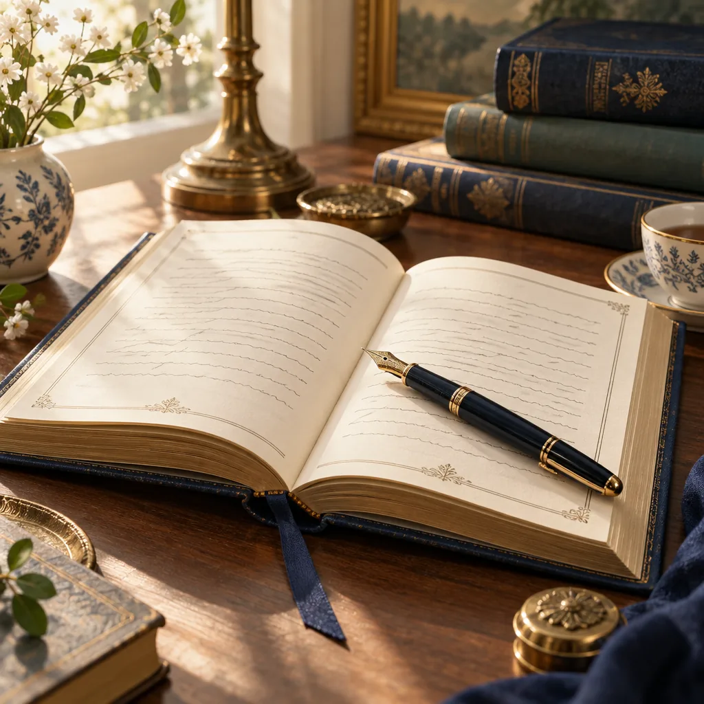 Decorative illustration of an open book and pencil representing English study