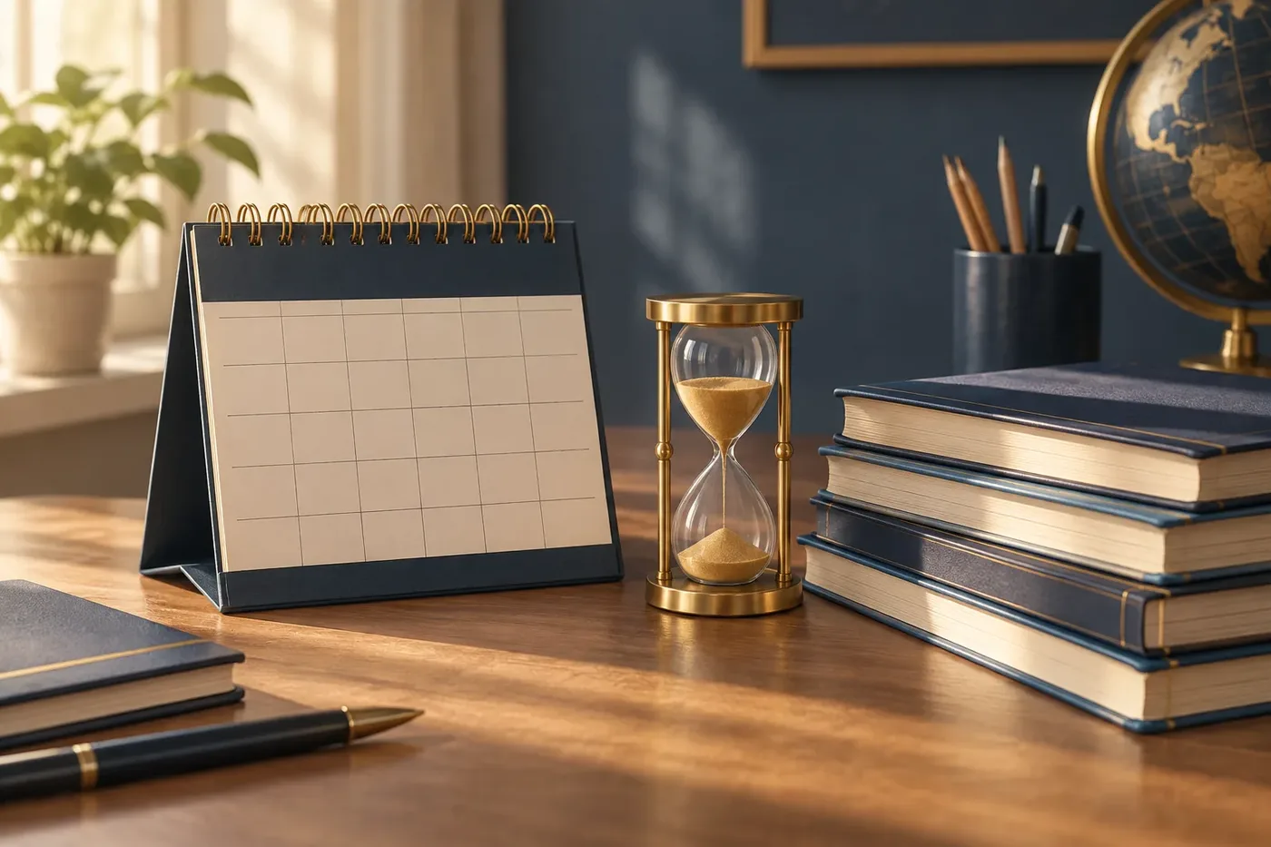 Decorative illustration of a calendar and a stack of exam papers