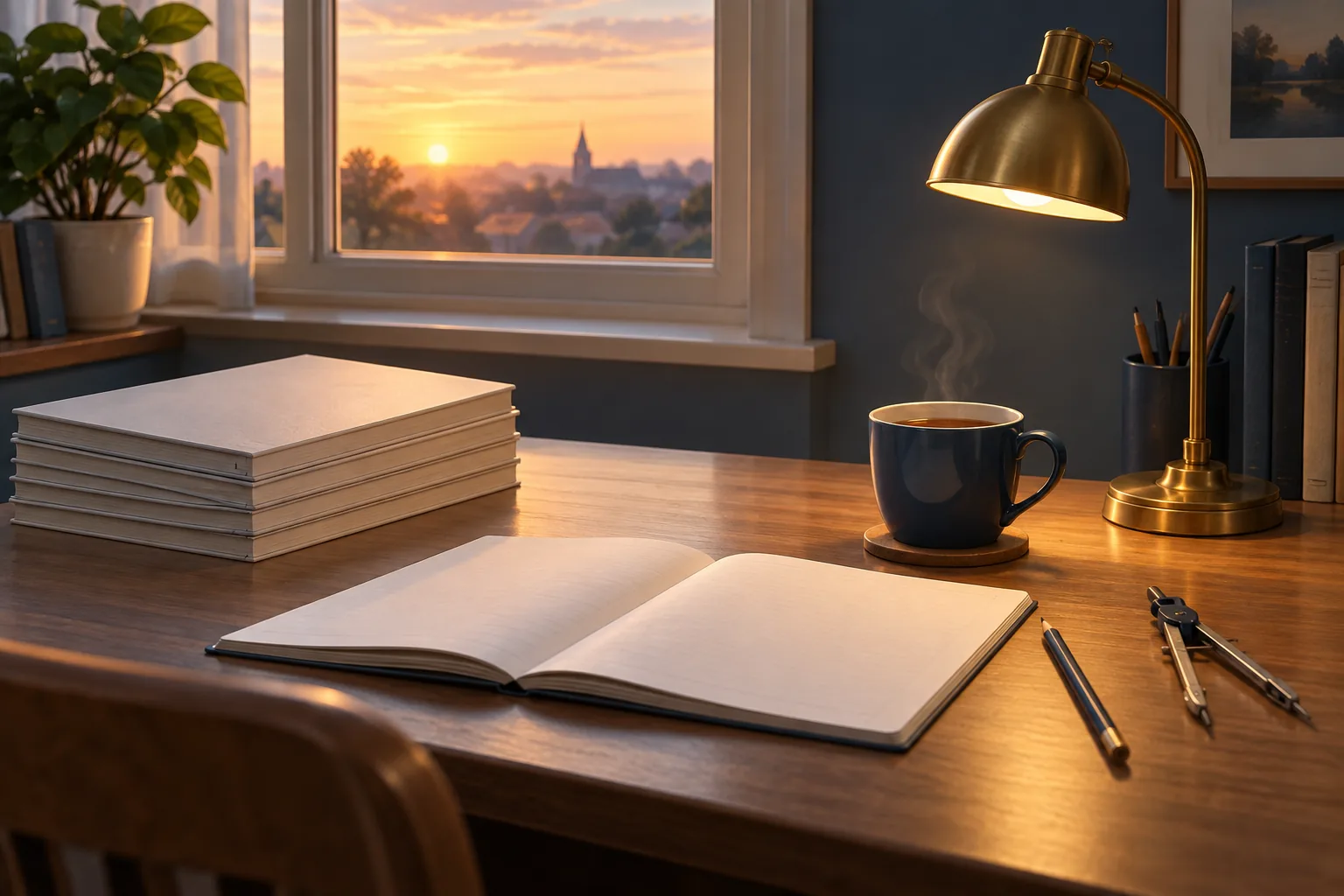 Decorative illustration of an open exam booklet, sharpened pencils and a neat stack of practice papers on a study desk
